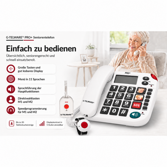 PRO+(G-TELWARE®)(Weltneuheit) Silence SOS Technik Seniorentelefon Notruf 2026er/ SOSParam.einstellb.