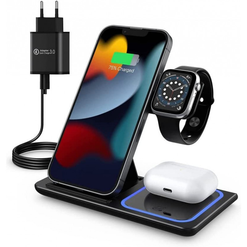 G-TELWARE® 3/4 in 1 opvouwbaar, draadloos opladen, QI inductie opladen voor iPhone/iWatch/Airpod/Android (3-IN-1, SNOW WHITE) : 