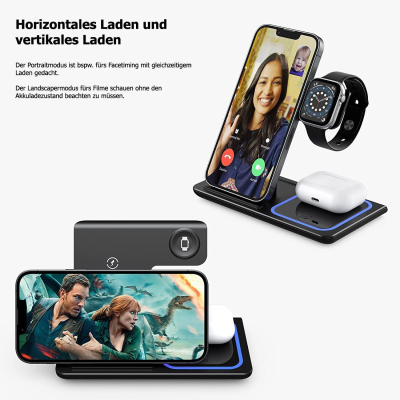 G-TELWARE® 3/4 в 1 складная, беспроводная зарядка, QI индукционный магазин для iPhone/iWatch/Airpod/Android (3-IN-1, SCHNEEWEISS