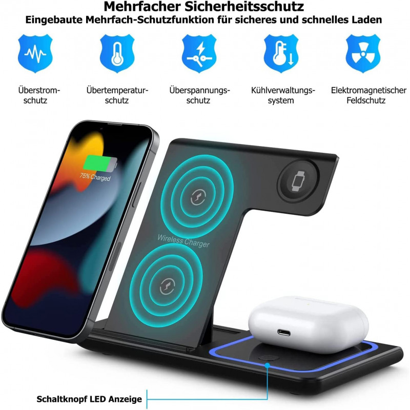G-TELWARE® 3/4 в 1 складная, беспроводная зарядка, QI индукционный магазин для iPhone/iWatch/Airpod/Android (3-IN-1, SCHNEEWEISS