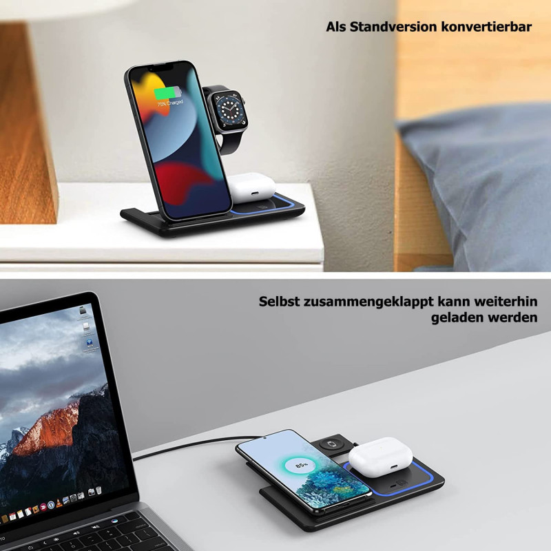 G-TELWARE® 3/4 в 1 складная, беспроводная зарядка, QI индукционный магазин для iPhone/iWatch/Airpod/Android (3-IN-1, SCHNEEWEISS
