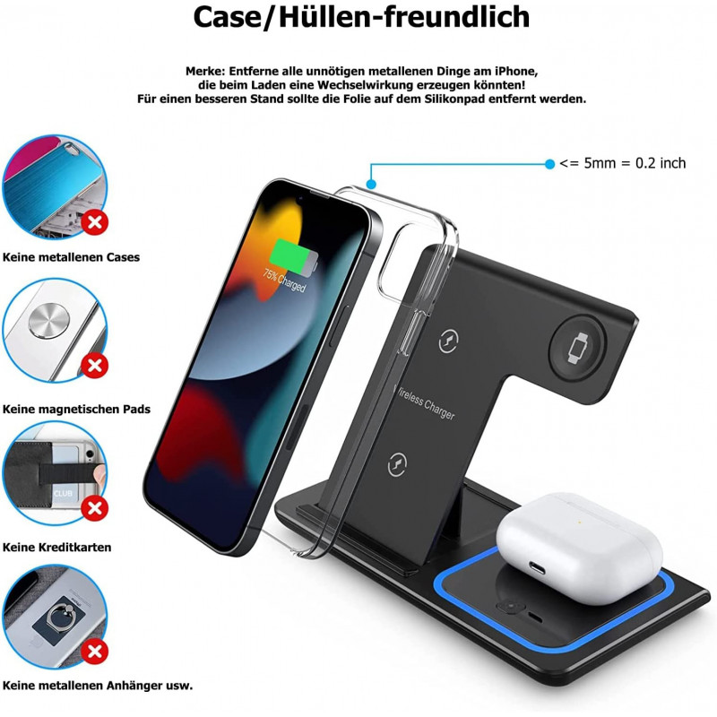 G-TELWARE® 3/4 в 1 складная, беспроводная зарядка, QI индукционный магазин для iPhone/iWatch/Airpod/Android (3-IN-1, SCHNEEWEISS