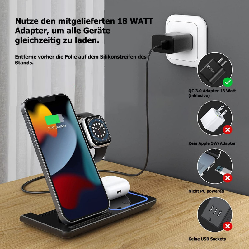 G-TELWARE® 3/4 in 1 opvouwbaar, draadloos opladen, QI inductie opladen voor iPhone/iWatch/Airpod/Android (3-IN-1, SNOW WHITE) : 